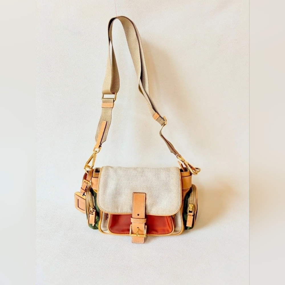 Vintage PRADA Multi‑Pocket Camel Leather & Canvas Shoulder Bag – Grade A‑